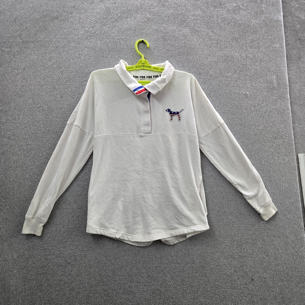 PINK Victoria's Secret Women Polo XS White Patriotic Sequins Bling Snap READ